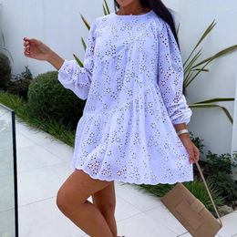 Casual Dresses Spring Beautiful Long Sleeve Ruffles Mini Dress Elegant Women 2024 Solid O-neck Party Female Sexy Hollow Out Lace