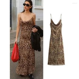 Casual Dresses 2024 Women's Spaghetti Strap Chic Swing Collar Backless Party Club Suspender Long Vintage Leopard Print