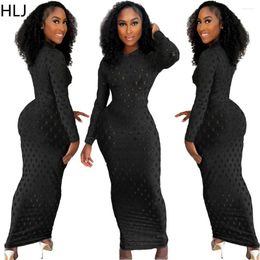 Casual Dresses HLJ Black Fashion Solid Color Hole Hollow Out Bodycon Maxi Dress Women Round Neck Long Sleeve Slim Vestidos Female Clothing