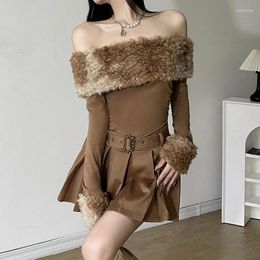 Casual Dresses Temperament Slim Fitting Metal Buckle Belt Slimming Pleated With Fur Patchwork Sexy One Shoulder Dress For Women