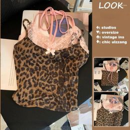 Women's Tanks 2024 Summer Lace Patchwork Y2k Crop Tops Vest Women Vintage Leopard Print Camisole Sexy Sleeveless Off Shoulder Blouse Chic