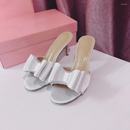 Slippers Bow Tie Sweet Satin Summer Outside Shoes Women Party Dress Stilettos Round Open Toe White Pink Nude Colour Large Size