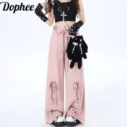 Women's Pants Dophee Original Dopamine Girls Pink Straight Spring Summer Cute Lace-up Bow High Waist Casual Cargo Floor-length