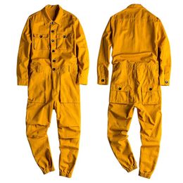 Spring Overalls Mens Jumpsuit Loose Long Sleeve Cotton Cargo Pants Black Yellow Workwear Trousers Working Uniform Rompers 240509