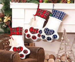 Paw Christmas Stockings Gift Bag Dog Bone Paws Shape Plaid Hanging Stocks Xmas Pendant Decoration Gifts CandyBag WLL10193319773