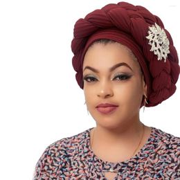 Ethnic Clothing 2024 Double Braid Halo Turban Cap For Women Diamonds Flower Deco African Head Wraps Soft Headscarf Bonnet Nigeria Headtie