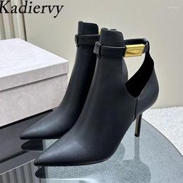 Boots Black High Heels Ankle For Women Suede Leather Runway Shoes Metal Buckle Stiletto Short Woman Botas Mujer