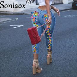 Sexy Bandage Lace Up Grommet Women Denim Pants Blue High Waist Pencil Jeans Skinny Bodycon Hole Street Ripped Trousers 240423