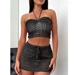 Work Dresses Mesh Knitted Cover Ups Sets Sleeveless Off Shoulder Hollow Out Crop Top Bodycon Mini Skirts Beach Swimming Summer Outfits