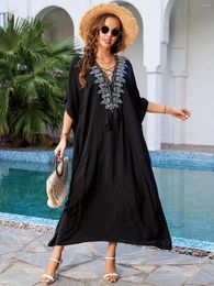 Embroidered V-neck Tassel Batwing Sleeve Kaftan Beach Dress 2024 Women Summer Loose House Robe Beachwear Swimsuit Cover Up Q1583