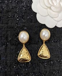 Brand Fashion Drop Triangle Jewelry Gold Color Big Pearls Earrings Camellia Luxury Tassel Pearls Design Wedding Party Earrings8853996