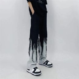 Men Jeans High Street Hip Hop Contrast Colour Tassel Loose Fashion Japanese Streetwear Hippie Loose Casual Darkwear Patchwork 240428