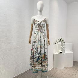 Casual Dresses Silk Sleeveless Re-tro 2024 Arrivals High Quality Floral Printing Self Tie Bow Diamonds Women Vintage Camisole Midi Dress