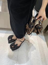 Sandals Fashion Women Bow Design Summer Dress Shoes Thin Mid Heels Black Leopard Cross Tied Lace Up Sexy Party Pumps Woman