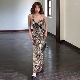 Casual Dresses Women Spaghetti Strap Dress Leopard Print Sexy Backless Sleeveless Bodycon Summer Spring Vacation Beach Partywear Maxi