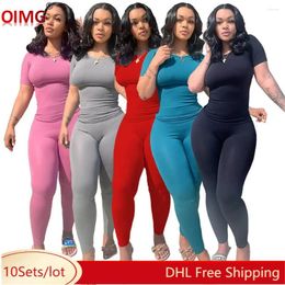Women's Two Piece Pants 10 Wholesale Spring Ribbed Set Women Tracksuits Short Sleeve T-shirt Matching Solid Outfits Sweat Suits 9686