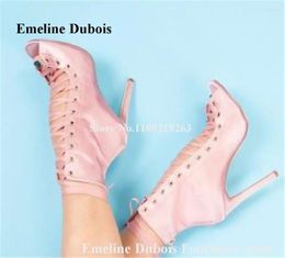 Boots Pink Satin Short Emeline Dubois Pointed Toe Lace-up Stiletto Heel Gladiator Fashion Ankle Booties Party Heels