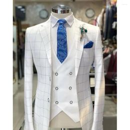 Men's Suits Summer White Plaid Men 3 Piece Set Formal Notch Lapel Single Breasted Suit Business Casual Groom Wedding Tuxedo 2024