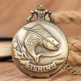 Pocket Watches Carved 3D Fish Pattern Men Women Fishing Quartz Analog Watch Sweater Necklace Chain Timepiece Arabic Number Clock Reloj