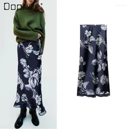 Skirts 2024 Spring Elegant Printed Flowers Midi Skirt For Women Versatile High Waist Ankle-Length Silk Satin Ladies