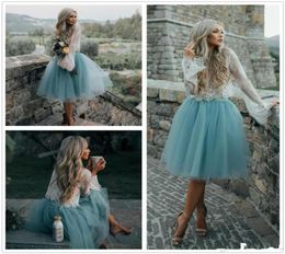 Two piece lace tulle homecoming dress knelength long sleeves jewel elegant country cocktail party dress holiday dress4281222