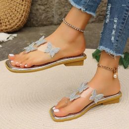 Slippers 2024 Ladies Shoes Flip Flops Women Summer Outdoor Square Toe Solid Open Low-heeled Butterfly Plus Size