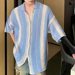 Men's Casual Shirts Men Retro Shirt Japanese Style Knit With Lapel Collar Short Sleeves Beach Top For Vacation Elastic