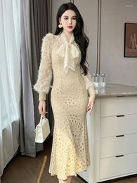 Casual Dresses Women's French Girls' Style Prom Celebrity Sweet Elastic Bandage Bow Ruffles Fishtail Robe Party Catwalk Vestidos Autumn