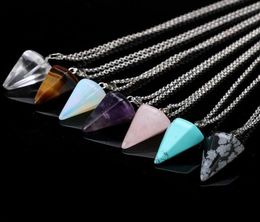 Natural Gemstone Pendant Necklace Party Supplies Crystal Healing Chakra Reiki Silver Stone Hexagonal Prisme Cone Pendulum Charm Ne8837335