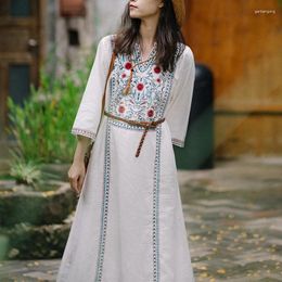 Casual Dresses Khalee Yose Floral Embroidery Midi Dress Vintage Chic Autumn Long Sleeve Women Cotton & Linen V-neck Loose Ladies