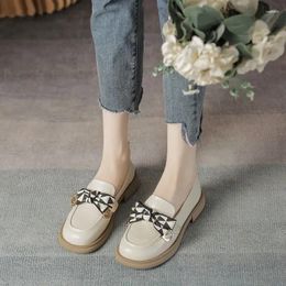 Casual Shoes Loafers Woman Footwear Normal Leather Office Round Toe With Bow White Square Heels Low Heel Elegant For Women Y2k L