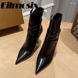 Boots 2024 Pointed Toe Belt Buckle Knight Short Women Real Leather Cup Heels Modern Mature Ladies Brand