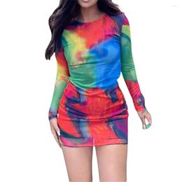 Casual Dresses Women Cross Backless Cocktail Dress Clubwear Long Sleeve Bodycon Club Skinny Mini Sexy Tie-Dye Print Crew Neck