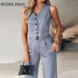 Women's Two Piece Pants 2024 Women Striped Sleeveless Button Vest Top & Solid Bottom Fashion Blazer Set