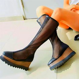 Boots Party Military Womens Summer Cow Leather Square Toe Knee High Sandals Platform Heel Tall Long 34-43