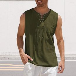 Men's Tank Tops Tie Neckline Men Vest Summer V-Neck Bandage Design Top Sleeveless T-shirt Patch Pocket Solid Colour Loose Fit