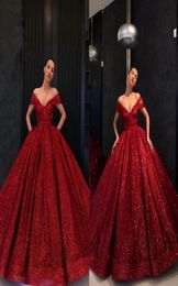 Sparkly Sequined Wine Red Evening Quinceanera Dresses Ball Gown V neck Cap Short Sleeves with Pockets Birthday Party Prom Formal D9832653