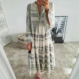 Casual Dresses Bohemian Geometric Striped Long Sleeve Maxi Dress For Women Vintage Beach Sundresses Ruffles Flared A-Line