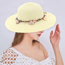 Wide Brim Hats Summer Women's Beach Shell Decorative Straw Hat Portable Folding Holiday Sunshade Board Handwoven Solid Color