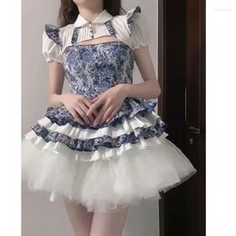 Work Dresses Korean Style Sweet Lolita Dresss Set Women Vintage Flower Print Party Mini Female Japanese Elegant Princess Strap Dress