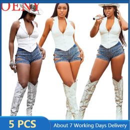 Women's Shorts 5 Wholesale Items Denim Summer Jeans Y2k Hollow Out Bandage Lace Up Elastic Rhinestone Pant Woman Clothing 13437