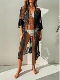 Women Lace Cardigan Bikini Cover-Ups Floral Crochet Sheer Beach Long Open Front Kimono Swimwear Sunscreen Clothes