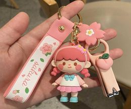 New Pink Cherry Blossom Girl Keychain Cute Girl Exquisite Backpack Pendant Threedimensional Cartoon Car Keyring Gifts Whole G5395308