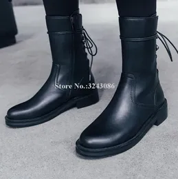 Boots Black Leather Flat Knight Women Fashion Back Lace-up Ankle Design Female Motorcycle Lady Casual Shoes