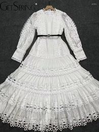 Casual Dresses Women Dress 2024 Spring Vintage Temperament O Neck Full Sleeve Hollow Out Large Hem Belt Loose Long Ladies