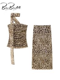 BlingBlingee Leopard Print Women Midi Skirt Suits Traf Summer Sheer Mesh Sleeveless Strapless Slim Female Crop Top Sets Y2K 240419