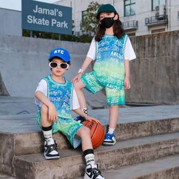 Clothing Sets Kids Clothes Boys & Girls Letter Gradient Painted Graffiti Basketball Uniform Teenage Contrast Sleeve Top Shorts 2PCS