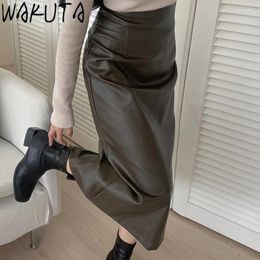 Skirts WAKUTA PU Long High Waist Slim Back Split Women Skirt Autumn Winter Elegant Office Korean Classic Solid Faldas Ajustadas