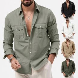 Men's Casual Shirts Shirt Solid Color Long Sleeve Multi-pocket Button Lapel Business Commuter Street Everyday Wear
