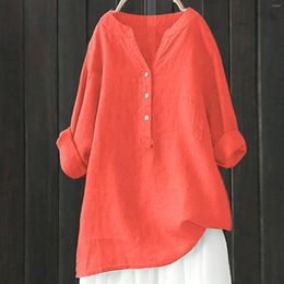 Women's Blouses Cotton Linen Tops Women Blouse Elegant V Neck Long Sleeve Shirt Casual Spring Solid Shirts Vintage Loose